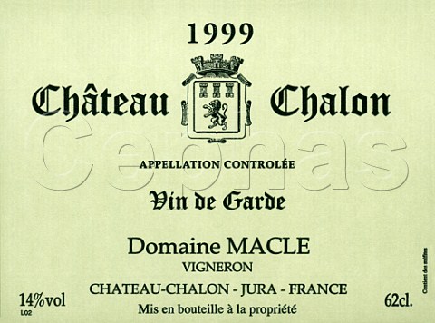 Wine label from clavelin 62cl bottle of 1999 Domaine Macle ChteauChalon Jura France