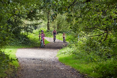 Mother and daughters cycling on bridleway Bookham Common Surrey England