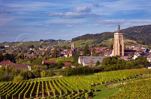 View over vineyards at En Paradis with the Church of StJust and Collegiate Church of NotreDame  Arbois Jura France