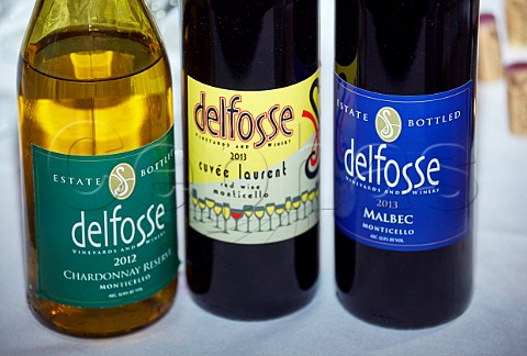 Bottles of DelFosse Chardonnay Malbec and Cuve Laurent wine Virginia USA Monticello AVA