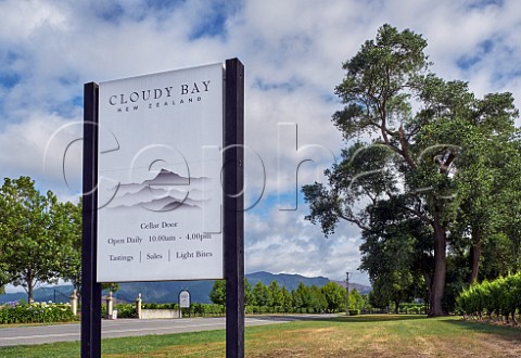 Sign at entrance to Cloudy Bay winery and cellar door with Allan Scott entrance beyond Blenheim Marlborough New Zealand
