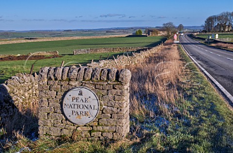 Sign for the Peak District National Park on the A515 at Pomeroy Derbyshire England