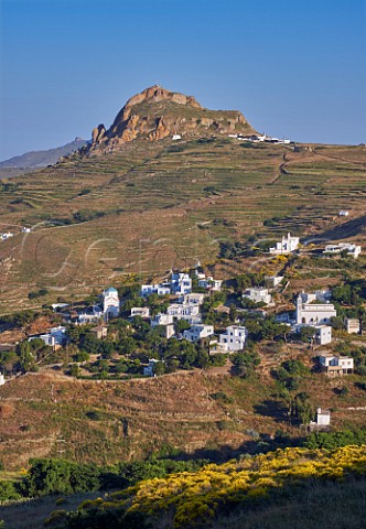 White village of Arnados with Mount Exomvourgo beyond Tinos Greece
