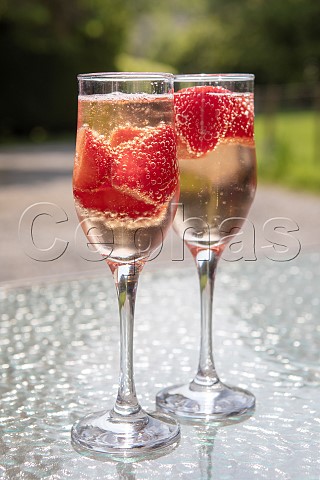 Two glasses of sparkling ros wine with strawberries on a glass table