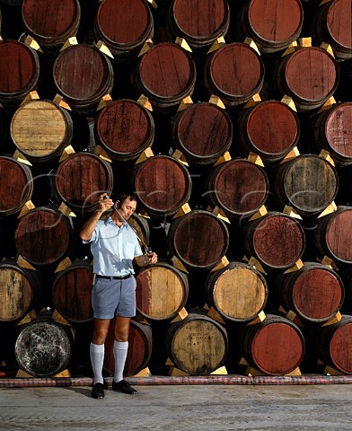 Taking sample from barrel in the fortified wine   cellar of Yalumba Winery   Angaston South Australia     Barossa Valley
