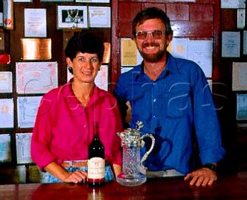 Ian and Wendy Hollick of Hollick Wines with their 1984 Coonawarra Cabernet Sauvignon which won the Jimmy Watson Trophy in 1985  Coonawarra South Australia