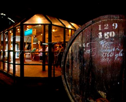 New tasting room erected within the old corrugated   iron winery of Morris Wines  A cask of their famous   Muscat is in the foreground     Rutherglen Victoria Australia