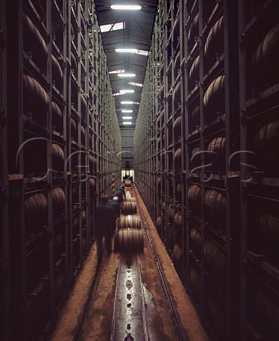 Rolling barrels into warehouse at the Old Bushmills Whiskey Distillery Bushmills County Antrim Northern Ireland