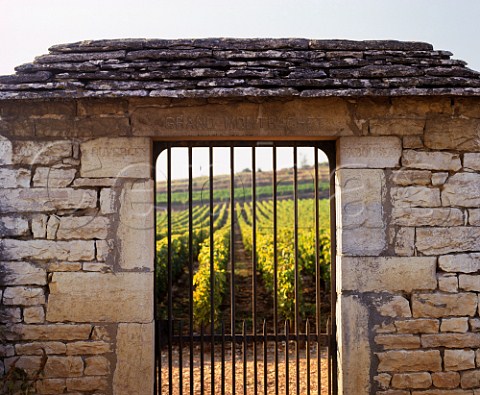 Gated entrance in the clos wall of Le Montrachet  vineyard ChassagneMontrachet Cte dOr France   Cte de Beaune Grand Cru