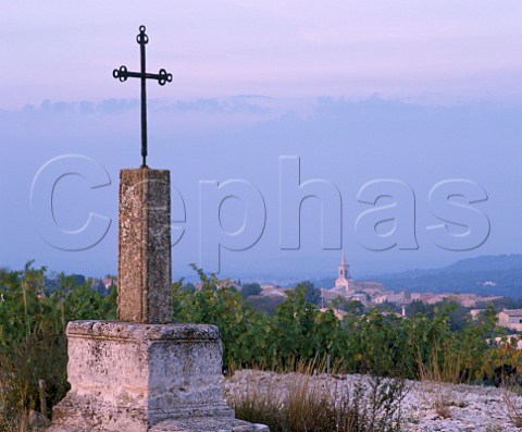 Cross in vineyard above village of Lirac Gard France    AC Lirac