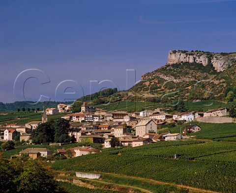 Village of SolutrPouilly and Chardonnay vineyards below the the Rock of Solutr SaneetLoire France PouillyFuiss  Mconnais