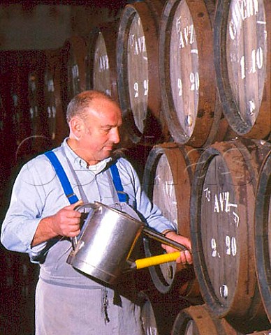 Toppingup barrels of fermenting Champagne   AVZ is village of Avize  Champagne Bollinger Ay Narne France