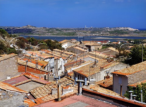 Fitou village with the Etang de Leucate ou Salses beyond Aude France