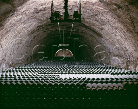 Bottles of champagne stored sur lattes   in the cellars of Charles Heidsieck  Reims Marne France
