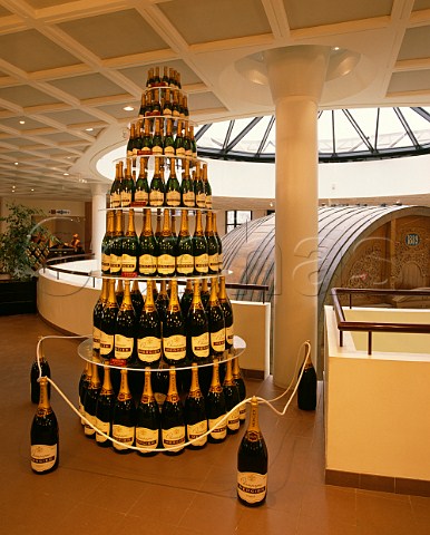 Display of six sizes of Champagne bottles in the visitors centre of Champagne Mercier  pernay Marne France 