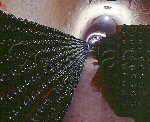 Bottles in pupitres in the vast cellars of Champagne   Mercier 20 metres below ground   Epernay Marne   France