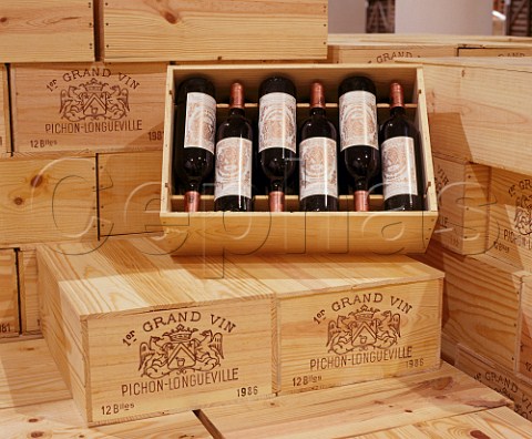 Cases of wine in the warehouse of   Chteau PichonLonguevilleBaron Pauillac Gironde  France Mdoc  Bordeaux