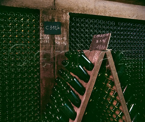 Bottles of Blanquette de Limoux in pupitres and ageing sur lattes in the cellars of Jean Babou  Limoux Aude France