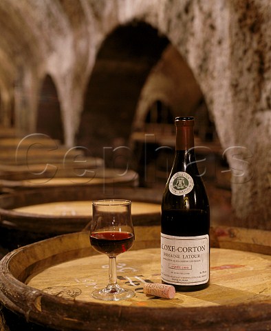 Bottle of AloxeCorton 1990 in barrel cellar of Louis Latours Chteau de Grancey AloxeCorton Cte dOr France Cte de Beaune