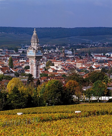The tower of De Castellane viewed over vineyard of Mercier in the centre of  Epernay Marne France Champagne        
