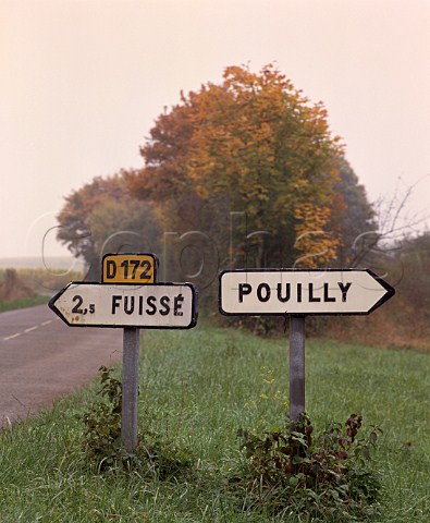 Signs to Pouilly and Fuiss  two of the villages  in the appellation PouillyFuiss  SaneetLoire France   Mconnais