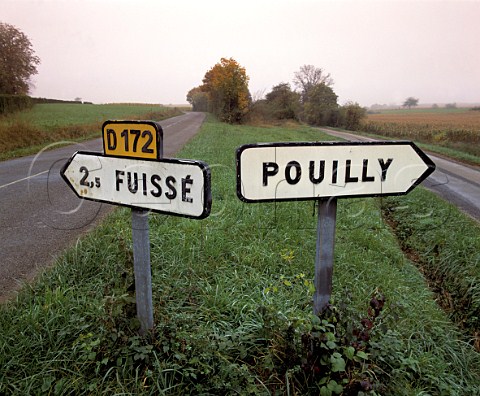 Signs to Pouilly and Fuiss  two of the villages   which make up the appellation PouillyFuiss   SaneetLoire France   Mconnais