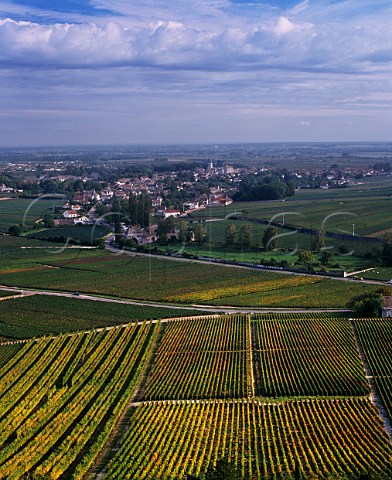 View over Les Duresses and Les Ecussaux vineyards in AuxeyDuresses to the village of Meursault Cte dOr France  Cte de Beaune Premier Cru 