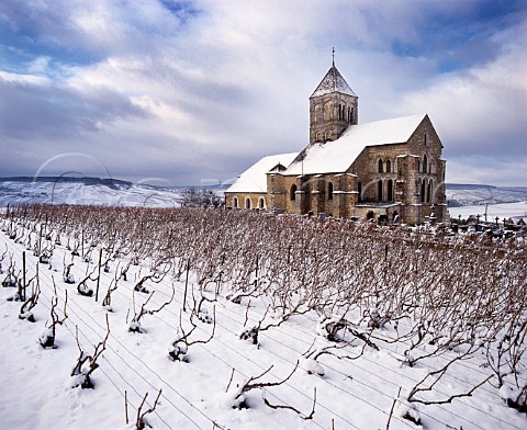 Snow blankets the vineyards around the church at   Cuis south of pernay Marne France     Champagne