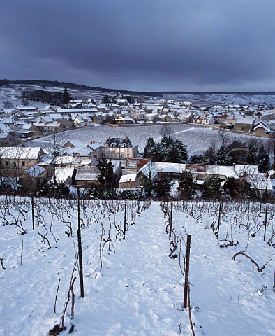 Snow covers Le MesnilsurOger and its small walled vineyard Clos du Mesnil Owned by Krug the Clos is planted solely with Chardonnay vines to make one of the worlds most expensive Champagnes  Marne France