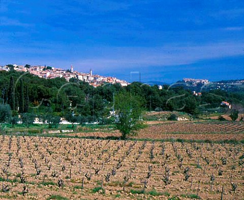Vineyards in the early spring below   La CadiredAzur with the hilltop village of   Le Castellet in the distance   Var France      AC Bandol