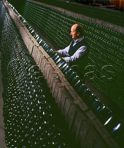 Performing the remuage on bottles of Crmant de  Limoux in the cellars of Les Caves du Sieur dArques Limoux Aude France