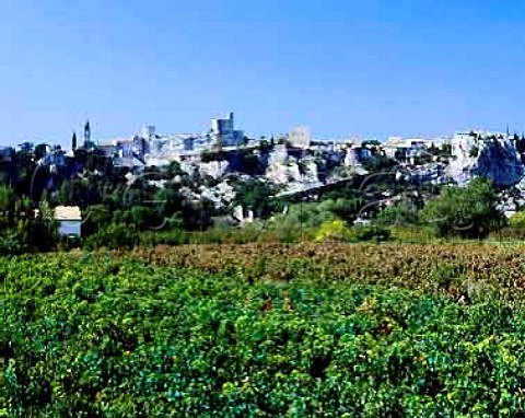 View over vineyard of StMartindArdche to the town of Aigueze on a cliff above the Ardche River France  Ctes du Rhne