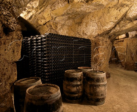 Wine maturing in cave of Chteau de la Grille which   has been cut out of the soft tuffeau subsoil   Chinon IndreetLoire France