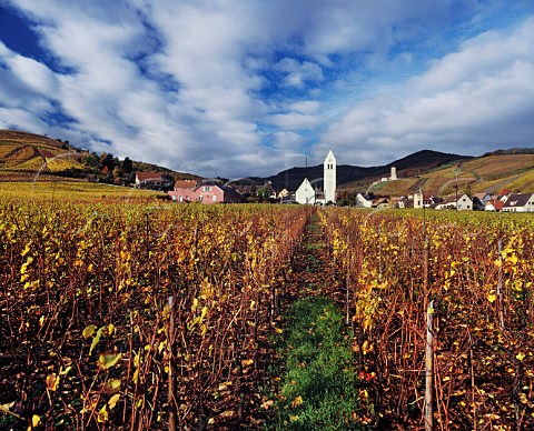 Village of Katzenthal with the WineckSchlossberg vineyard on right HautRhin France  Alsace