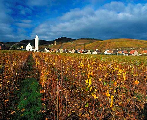 Village of Katzenthal with top right the   WineckSchlossberg  a Grand Cru vineyard    HautRhin France  Alsace