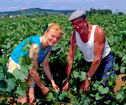 JeanNoel Gagnard and his daughter Caroline Lestim in their parcel of Morgeot vineyard   ChassagneMontrachet Cte dOr France