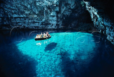 Tourist boat in Melissani Cave near Sami Cephalonia Greece
