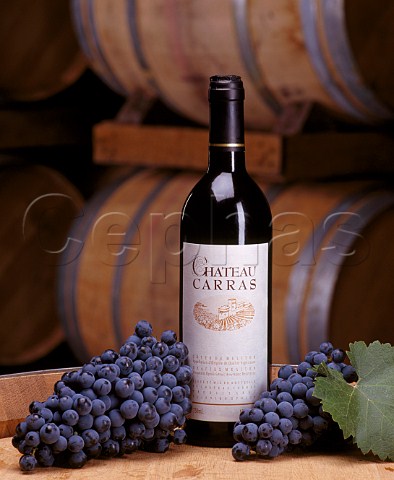 Bottle of Chateau Carras in the barrel cellar of Domaine Porto Carras made from Cabernet Sauvignon Cabernet Franc and Merlot  Sithonia Greece