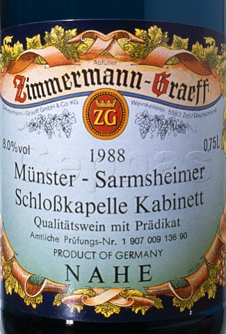 Label on bottle of ZimmermannGraeff wine  Nahe Germany
