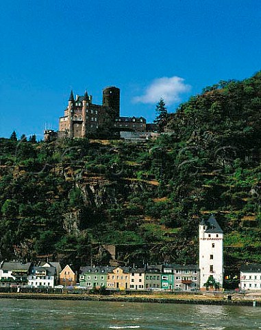 Burg Katz and small terraced vineyards above   StGoarshausen and the Rhine Germany Mittelrhein