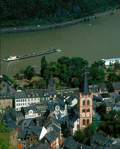 Town of Bacharach with one of the many barges on the   Rhine Germany  Mittelrhein