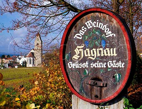 Decorative wine barrel above the Burgstall vineyard and the town of Hagnau on the north shore of the Bodensee  Baden Germany  Bodensee