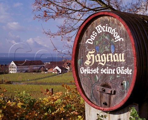 Old wine barrel above the Burgstall vineyard and the   town of Hagnau on the north shore of the Bodensee   Baden Germany  Bodensee