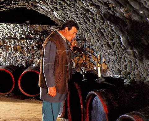 Gyula Borsos sucking wine from barrel into a pipette   in the ancient mouldcovered cellars of   Tokaj Kereskedhz Tolcsva Hungary  Tokaji