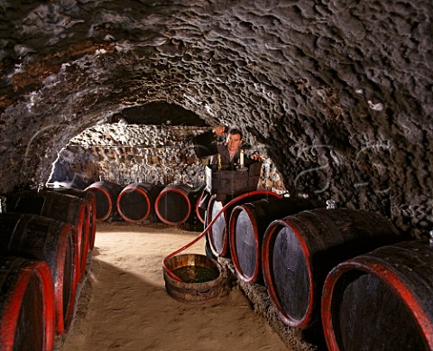 Racking wine in the traditional manner in the ancient mouldcovered cellars of   Tokaj Kereskedhz Tolcsva Hungary  Tokaji