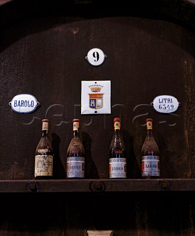 Cask of Barolo and old bottles in cellars of   Fontanafredda Serralunga dAlba Piemonte Italy