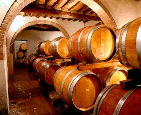 Barriques containing the pure Sangiovese vdt   Cepparello in the cellars of Isole e Olena near   Barberino Val dElsa Tuscany Italy