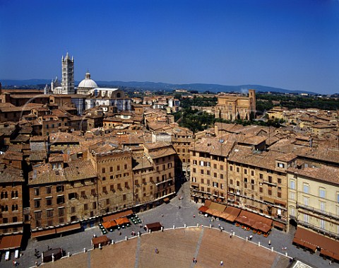 View over the Piazza del Campo to the cathedral from   the bell tower of the town hall    Siena Tuscany Italy
