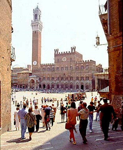 View across the Piazza del Campo to the town hall   Siena Tuscany Italy