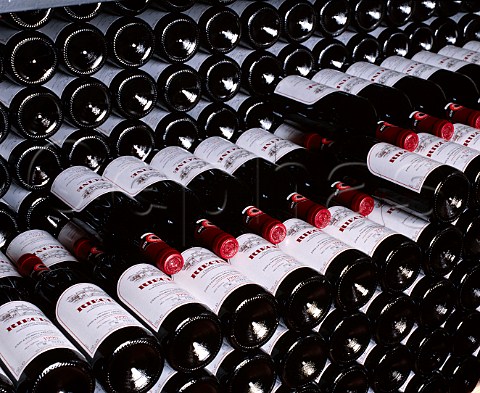 Bottles of Chianti Classico maturing in the cellars   of Riecine Gaiole in Chianti Tuscany Italy